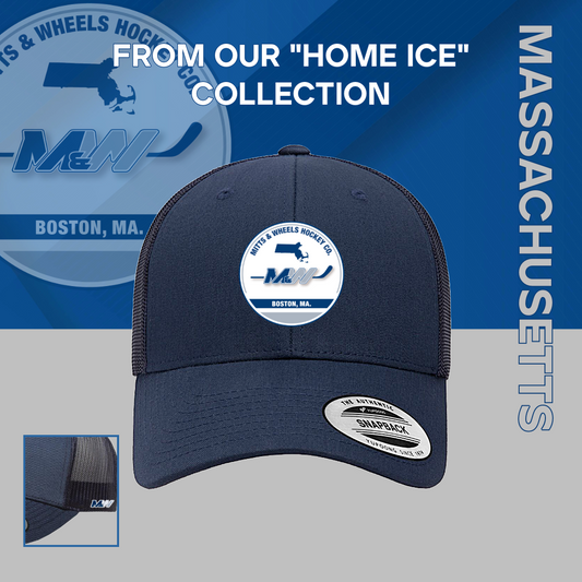 Home Ice: "Boston, MA." Navy, Yupoong 6606 YP Classics Retro Trucker Cap (Unisex) from Mitts & Wheels Hockey Co.
