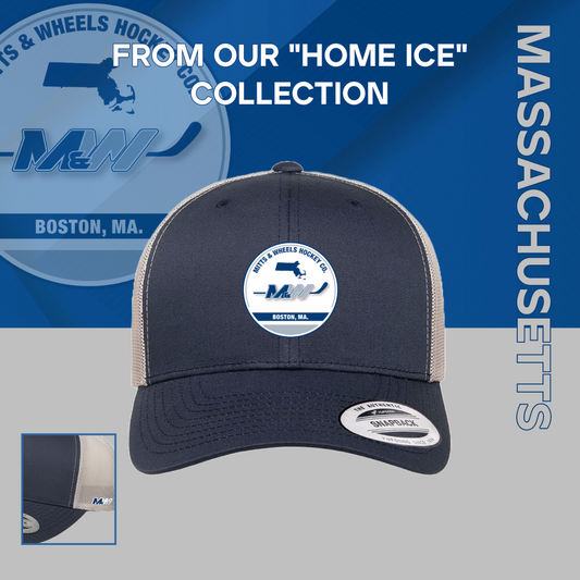 Home Ice: "Boston, MA." Navy/Silver, Yupoong 6606 YP Classics Retro Trucker Cap (Unisex) from Mitts & Wheels Hockey Co.