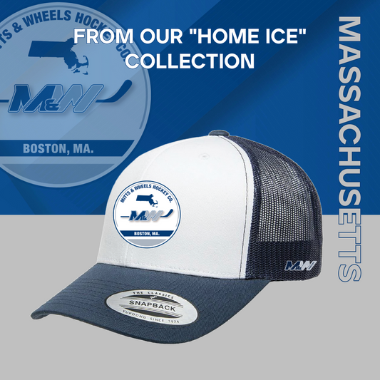 Home Ice: "Boston, MA." Navy/White/Navy, Yupoong 6606 YP Classics Retro Trucker Cap (Unisex) from Mitts & Wheels Hockey Co.