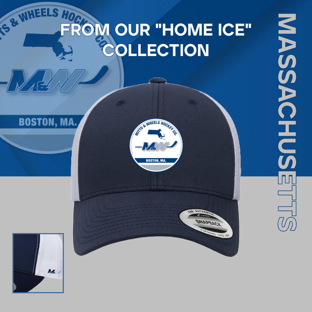 Home Ice: "Boston, MA." Navy/White, Yupoong 6606 YP Classics Retro Trucker Cap (Unisex) from Mitts & Wheels Hockey Co.