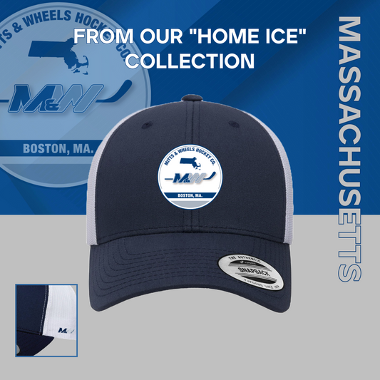 Home Ice: "Boston, MA." Navy/White, Yupoong 6606 YP Classics Retro Trucker Cap (Unisex) from Mitts & Wheels Hockey Co.