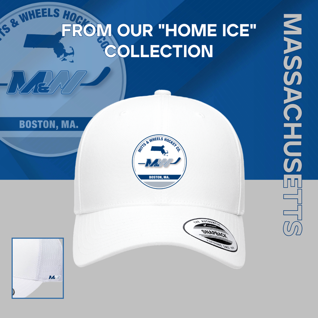 Home Ice: "Boston, MA." White, Yupoong 6606 YP Classics Retro Trucker Cap (Unisex) from Mitts & Wheels Hockey Co.