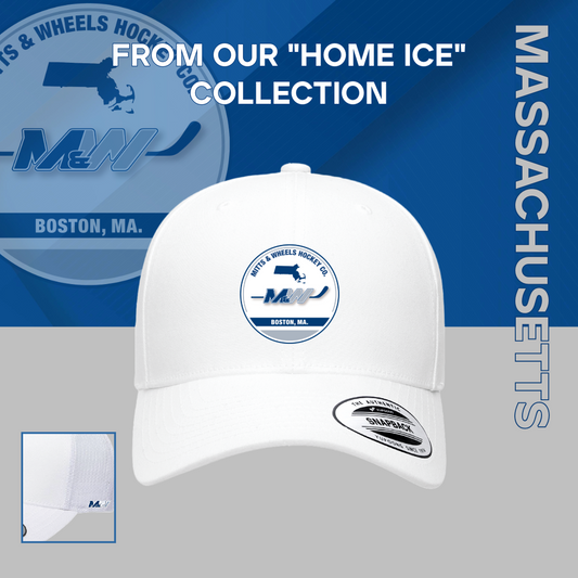 Home Ice: "Boston, MA." White, Yupoong 6606 YP Classics Retro Trucker Cap (Unisex) from Mitts & Wheels Hockey Co.